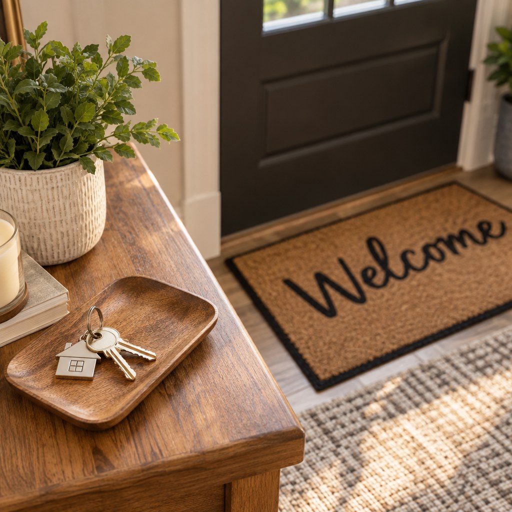 A welcome home doormat and keys, representing Rita Matozzo's real estate practice