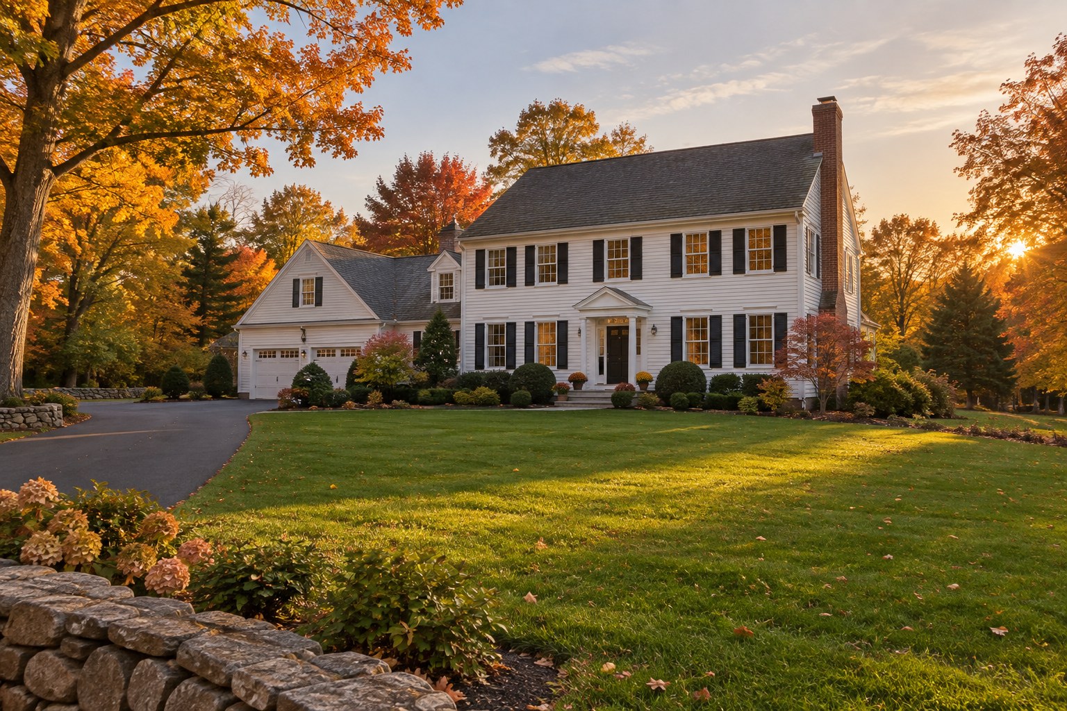 A Connecticut colonial home at golden hour, illustrative