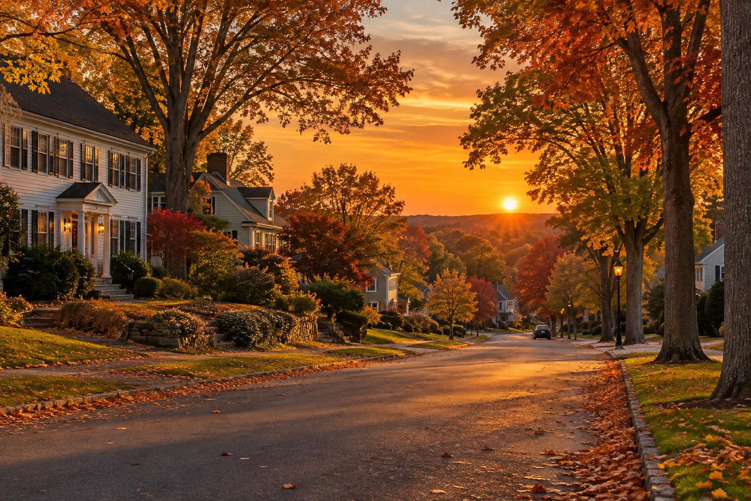 A tree lined Connecticut street at sunset, illustrative