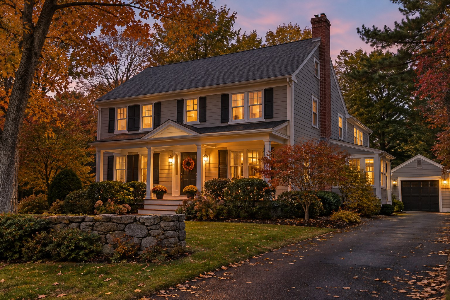 A Connecticut single family home exterior at dusk, illustrative
