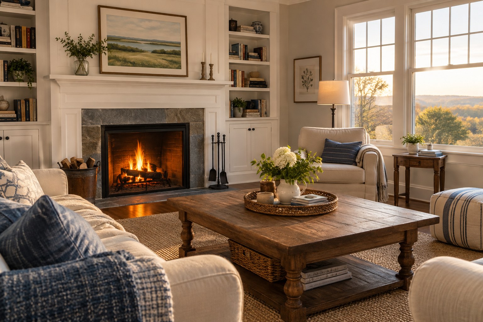 A cozy Connecticut home living room, illustrative